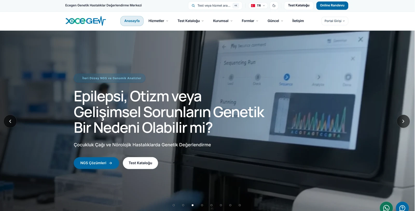 ECEGEN website homepage with Turkish navigation, test catalogue search, online appointments, and a genomic analysis feature.